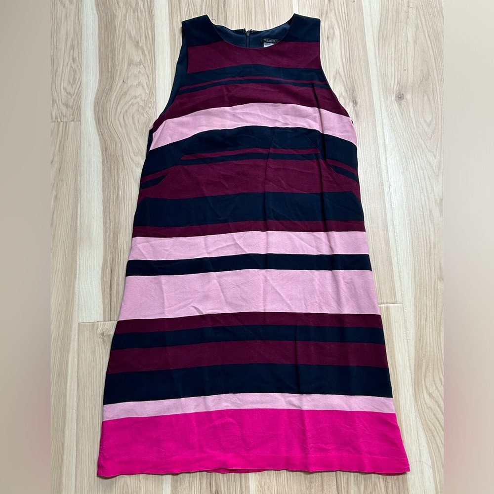Ann Taylor Factory Dress Size 10 Purple Pink Navy Blue Striped Sleeveless Sheath